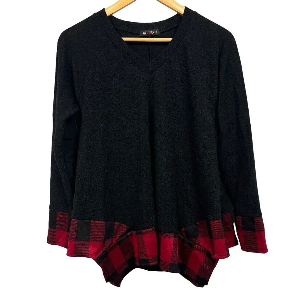 Vision USA Sweater Womens Size Small Black Red Buffalo Plaid Trim Long Sleeve